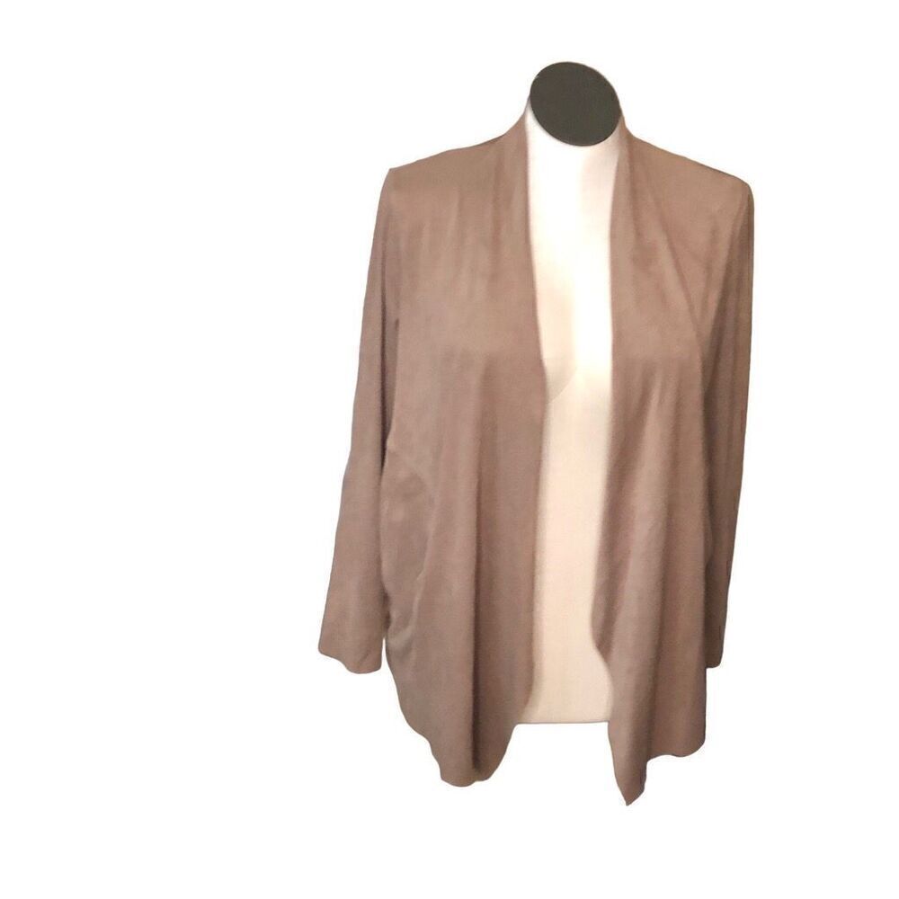 Style & Co Womens Faux Suede Jacket M Tan Waterfall Collar Open Front Workwear
